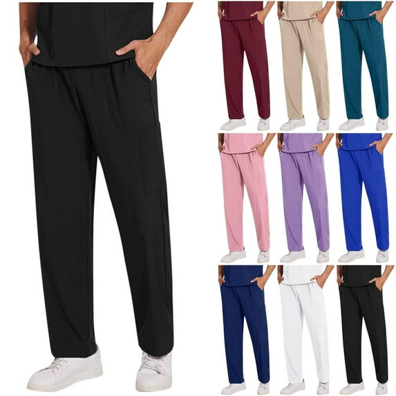 Men's Scrub Pants Solid Color Straight Barrel Draw Rope Elastic Waist Multiple Pockets Nursing Worker Pants