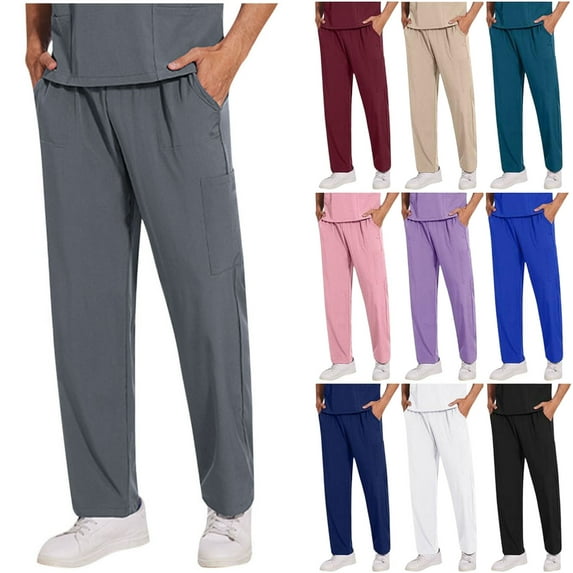 Man's Work Pants Solid Straight Barrel Draw Rope Elastic Waist Multiple Pockets Nursing Worker Pants