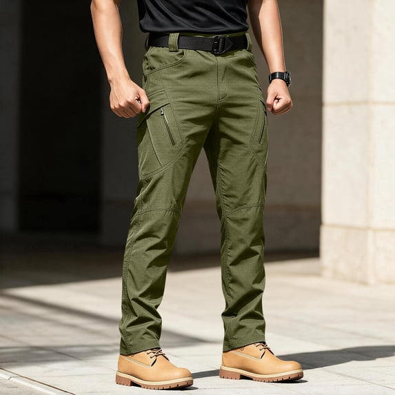Cargo Pants for Men Lightweight Water Resistant Outdoor Hiking Trousers with Multi Zipper Pockets Straight Leg Durable Work Casual Pants Army Green M