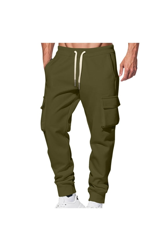 Cargo Pants for Men New Fleece Cargo Sweatpants for Men High Waisted Baggy Joggers Pull on Drawstring Comfy Pants with Pockets Army Green S