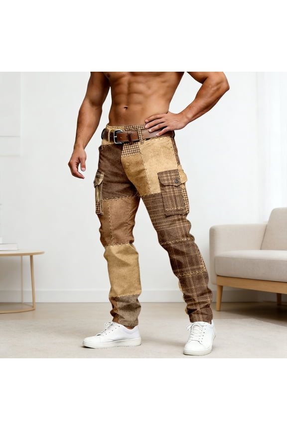 Cargo Pants for Men Slim Straight Patchwork Pant Streetwear Outdoor Belt Trousers Khaki XXL