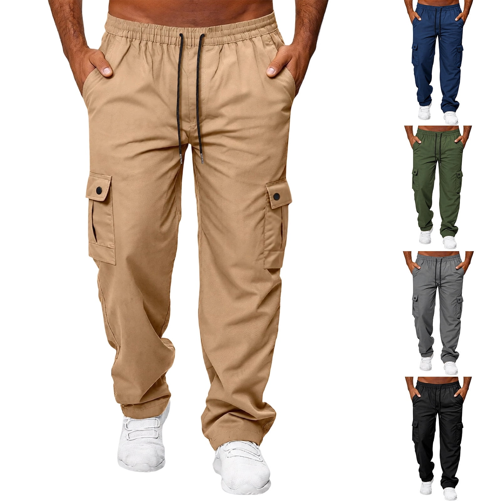 Cargo Pants for Men Solid Color Drawstring Elastic Waist Slim Fit ...