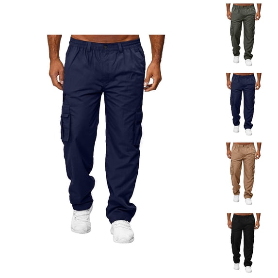 Cargo Pants for Men Solid Color Elastic Waist Straight Leg Loose Casual Pants with Pockets Trousers