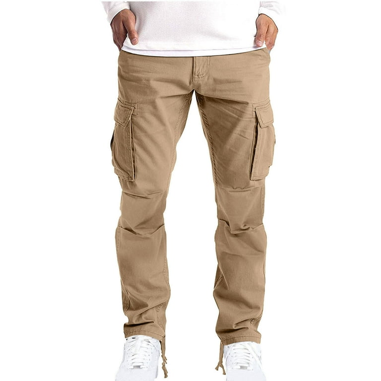Cargo Pants for Men Solid Comfy Belted Button Elastic Waist Workout Pants Multiple Pockets Outdoor Casual Straight Pant(XL,Khaki)