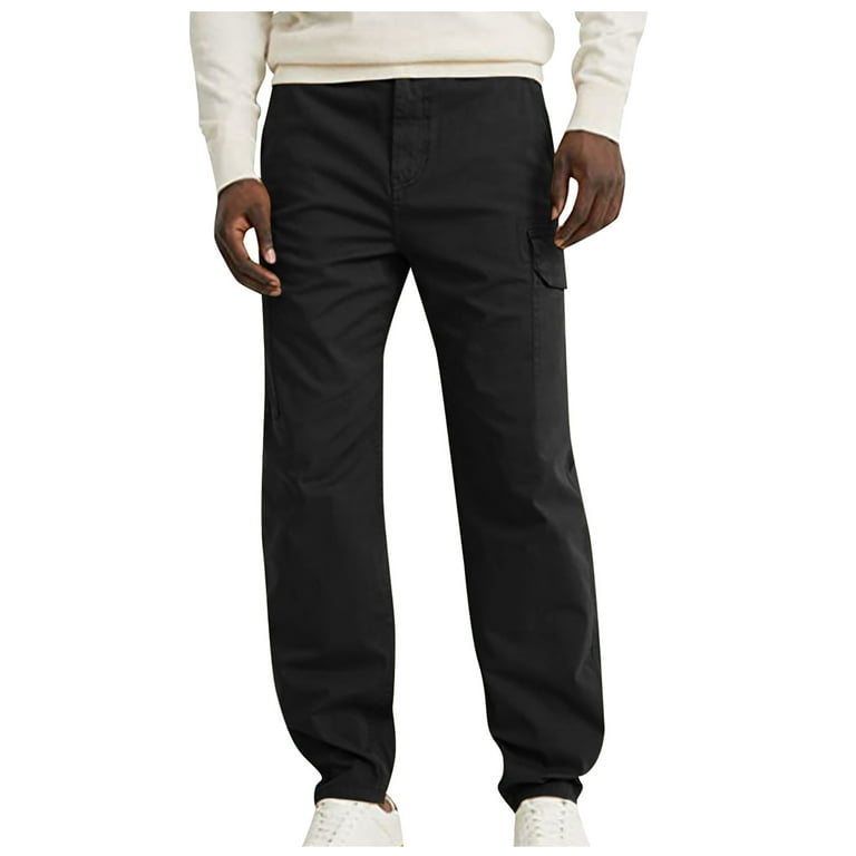 Cargo Pants for Men Straight Fit Polyester Twill Work Pant with Pockets  Elastic Waist Wide Leg Casual Trousers