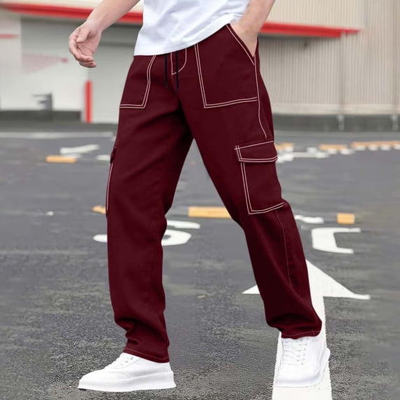 Cargo Pants for Men Straight Leg Hiking Trousers with Pockets and Drawstring Elastic Waist Solid Color Relaxed Workout Workwear Pant