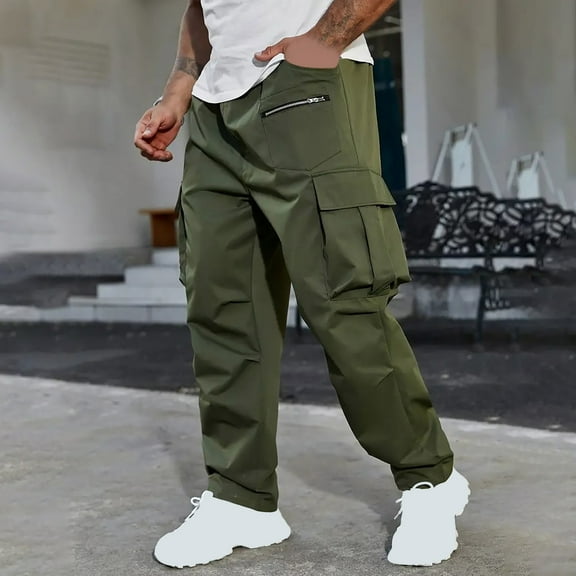 Cargo Pants for Men Straight Leg Multi-Pockets Nylon Hiking Trousers with Pockets Drawstring Elastic Waist Solid Color Relaxed Outdoor-Pant
