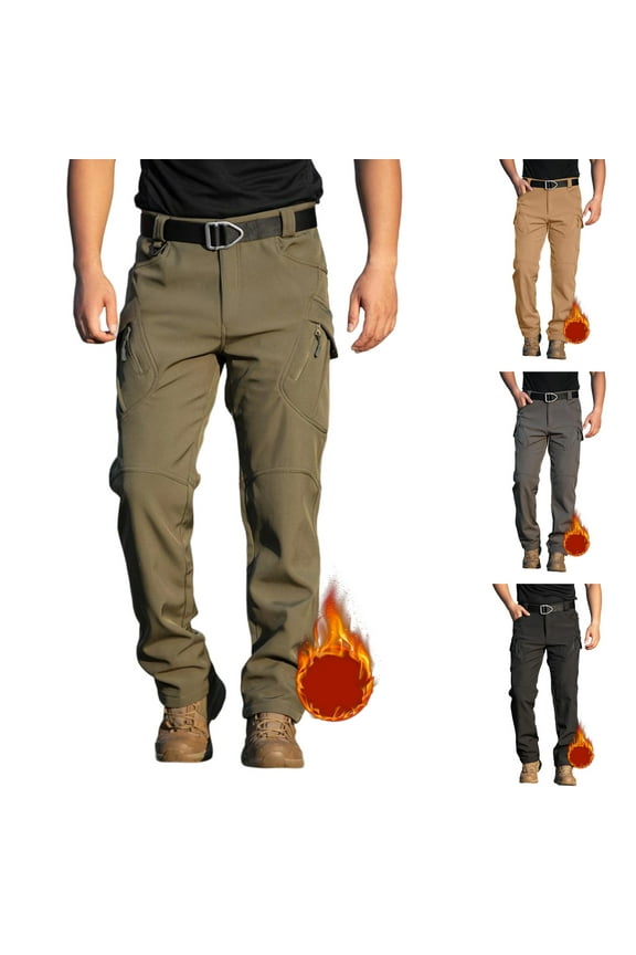 Men's Fleece Lined Hiking Cargo Pants - Winter Insulated, Tactical Warming Trousers Snow Ski Safari Pants (No Belt) Gray XL