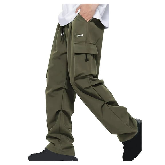 Cargo Pants for Men with Pockets and Drawstring Elastic Straight Leg Trousers Boys Casual Solid Color Pleated Comfort Hiking Work Pant