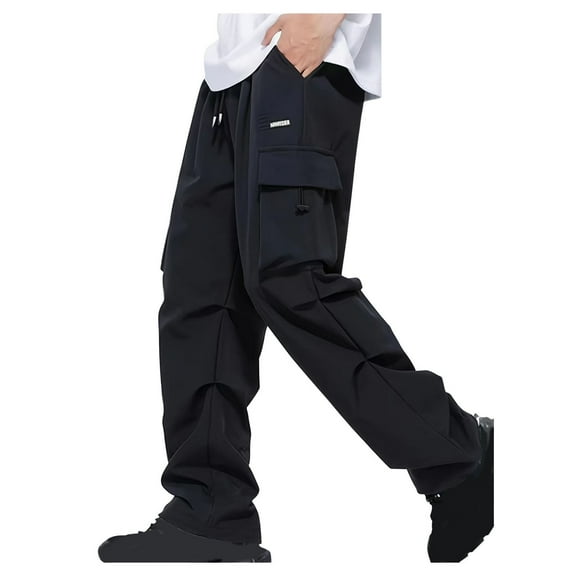 Cargo Pants for Men with Pockets and Drawstring Elastic Straight Leg Trousers Boys Casual Solid Color Pleated Comfort Hiking Work Pant