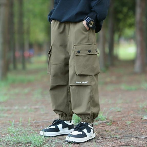 Cargo Pants for Teens Tapered Leg Elastic Waisted Pant with Multi-Pockets 4-13 Years Boys Kids Casual Solid Loose Workout Hiking Trousers
