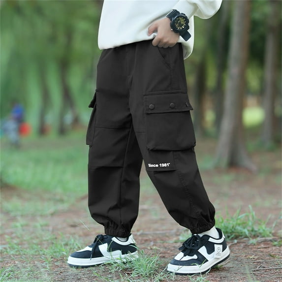 Cargo Pants for Teens Tapered Leg Elastic Waisted Pant with Multi-Pockets 4-13 Years Boys Kids Casual Solid Loose Workout Hiking Trousers