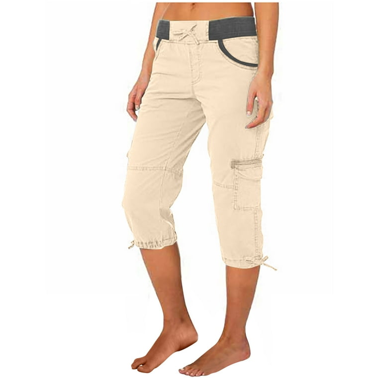 Cargo Pants for Women Capri Cargos High Waisted Streetwear Summer Casual  Lounge Capris Slacks with Multi Pockets (XX-Large, Beige)