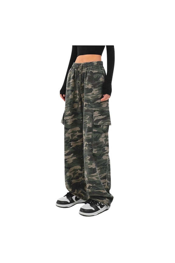Cargo Pants for Women Casual Camo Pants Leopard Print Wide Leg Pants High Waisted Casual Loose Fit Palazzo Trousers with Pockets