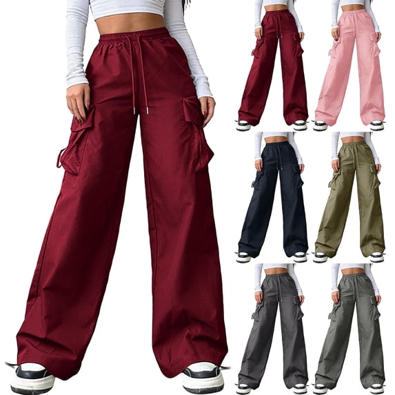 Cargo Pants for Women Casual Loose Straight Leg Solid Color Multiple Pockets Y2K Drawstring Trousers Wide Leg Pants