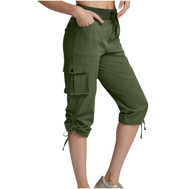 Cargo Pants for Women Casual Solid Color Baggy Drawstring Comfy Athletic Joggers Pants with Multi Pockets Army Green L