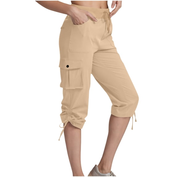 Cargo Pants for Women Casual Solid Color Baggy Drawstring Comfy Athletic Joggers Pants with Multi Pockets Beige 2XL