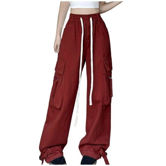 Cargo Pants for Women Casual Women's Wide Leg Pants with Multiple Zipper Pockets Solid Color Fallow Elastic Waist Plus Size Women Long Pants, S-4XL