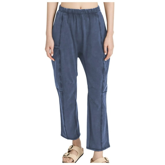Cargo Pants for Women Elastic High Waist Solid Tapered Pants Casual Loose Fit Cropped Pants Trousers with Pockets