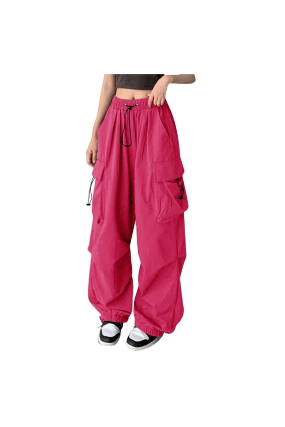 Cargo Pants for Women High Waist Baggy Solid Parachute Trousers (Hot Pink L)