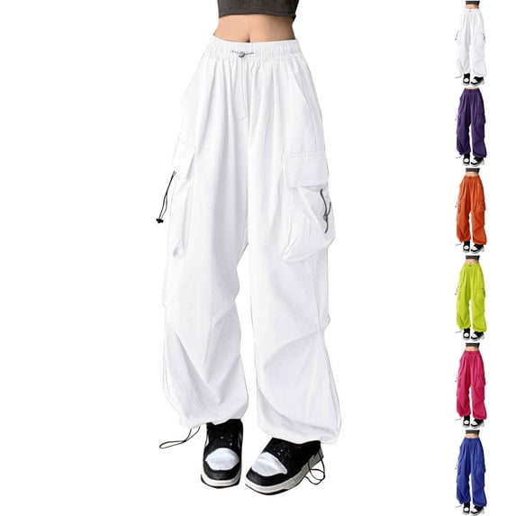 Cargo Pants for Women High Waist Baggy Solid Parachute Trousers (White L)