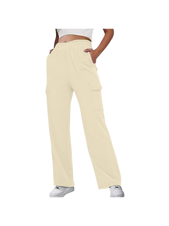 Cargo Pants for Women High Waisted Casual Pants Baggy Stretchy Wide Leg Y2K Streetwear with Pockets Beige L