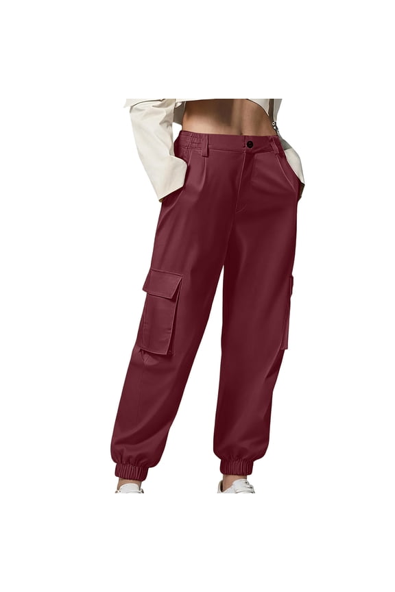 Cargo Pants for Women High Waisted Casual Work Pants Baggy Stretchy Travel Hiking Trouser with Pockets New Casual Pants for Women Long Length Wine L