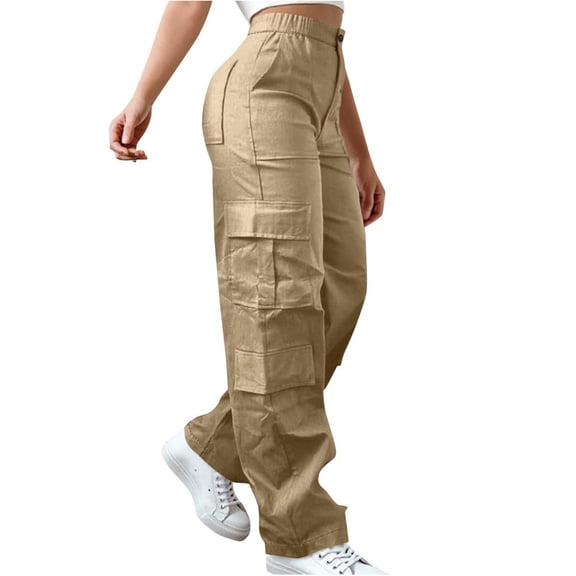 Cargo Pants for Women High Waisted Hiking Pants Baggy Stretchy Wide Leg Y2K Streetwear with Pockets Khaki M