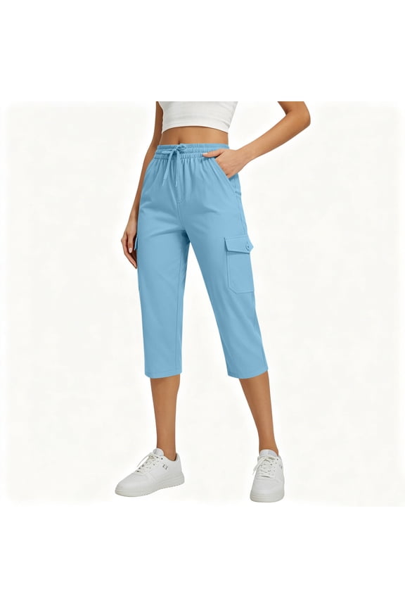 Cargo Pants for Women Plus Size Summer Capris Lightweight Hiking Pants Solid Elastic Waist Cropped Pant Casual Outdoor Athletic Trousers with Pockets