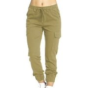 AHERBIU Cargo Pants for Women Plus Size Summer Casual Drawstring Waist Workout Solid Pants Trousers with Multi Pockets