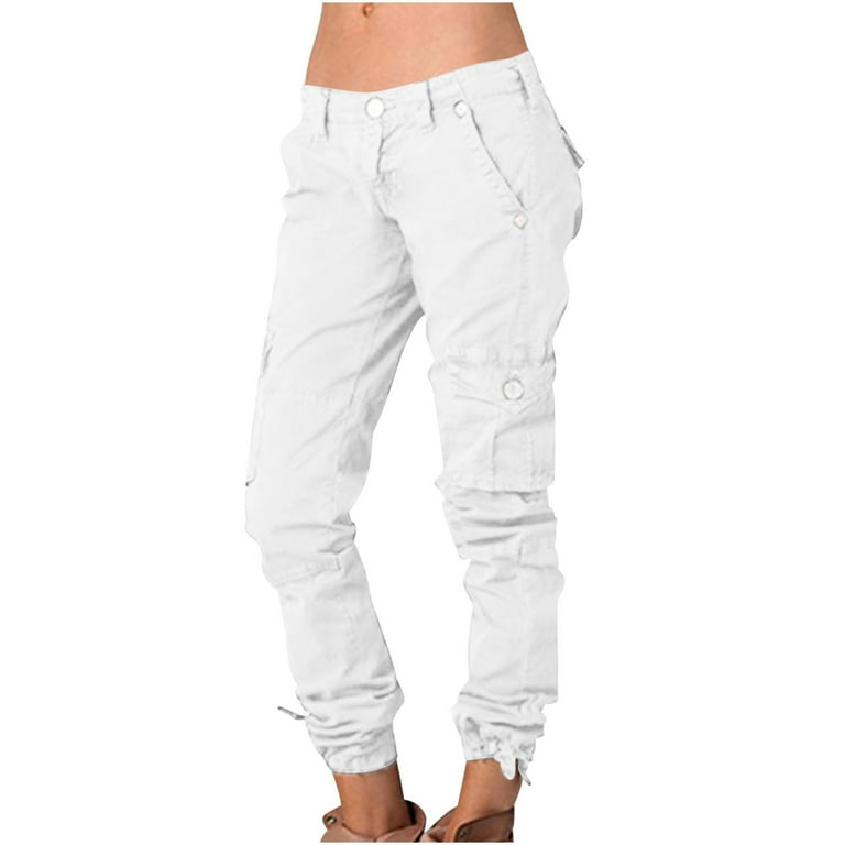 Cargo Pants for Women Solid Color Ruched Linen Pants Low Rise Slim Fit Capris for Women Drawstring Elastic Leg Fashion Cargo Pants White 2XL