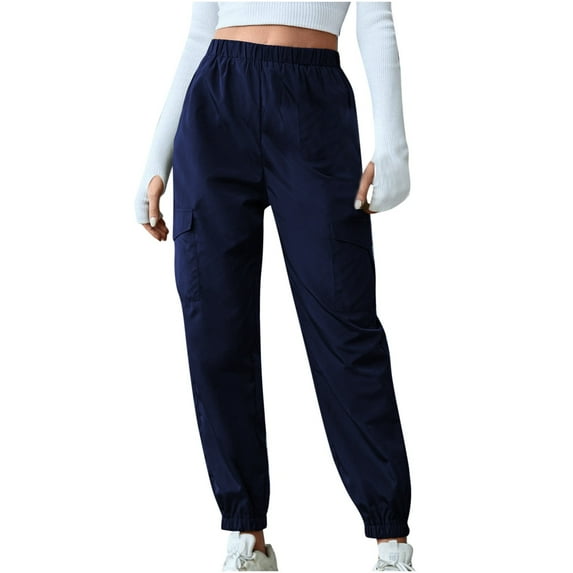 Cargo Pants for Women Solid Loose Outdoor Jogger Workout Tapered Pants With Pockets Juniors Elastic Waist Casual Hiking Loungewear Trousers