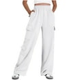 thumbnail image 1 of Cargo Pants for Women Straight Leg Solid Color Elastic Waist Sweatpants with Pockets White L, 1 of 8
