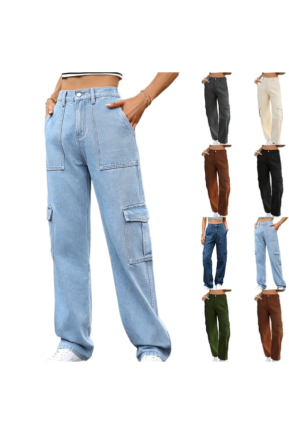 Cargo Pants for Women Vintage Baggy Boyfriend Jeans with Pockets High Waisted Straight Leg 6 Pockets Wide Leg Jeans Casual Street Work Clothes