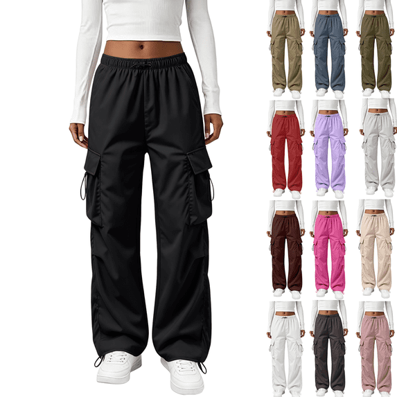 Cargo Pants for Women Wide Leg Baggy Hiking Pants Lightweight High Waisted Drawstring Straight Leg Cargo Work Pant, M