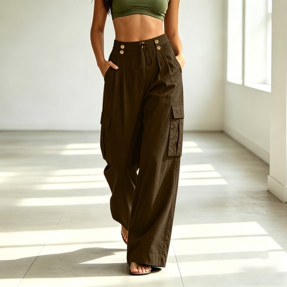 Cargo Pants for Women Wide Leg Pants Back Elastic Waist Straight Leg Long Pants With Side Pockets, Brown/M