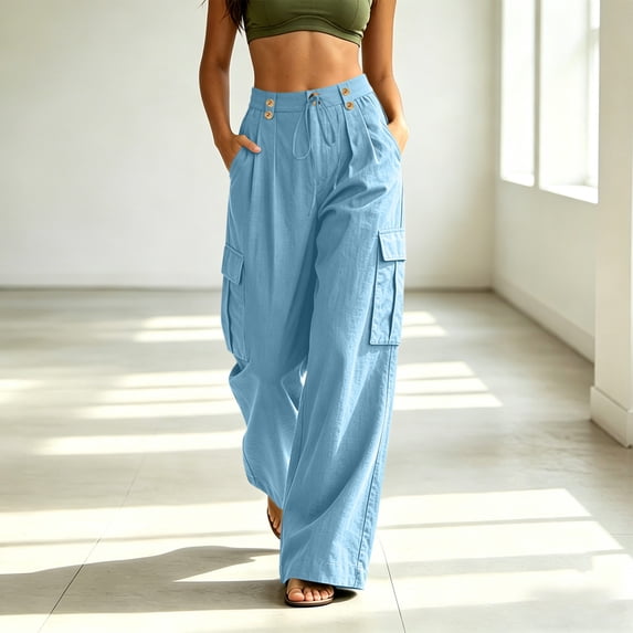 Cargo Pants for Women Wide Leg Pants Back Elastic Waist Straight Leg Long Pants With Side Pockets, Light Blue/XL