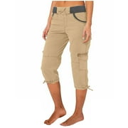 ALIGAMENT Cargo Pants for Women Wide Leg Plus Size High Empire Waist Capris Cotton And Linen Pants with Pockets ,Khaki