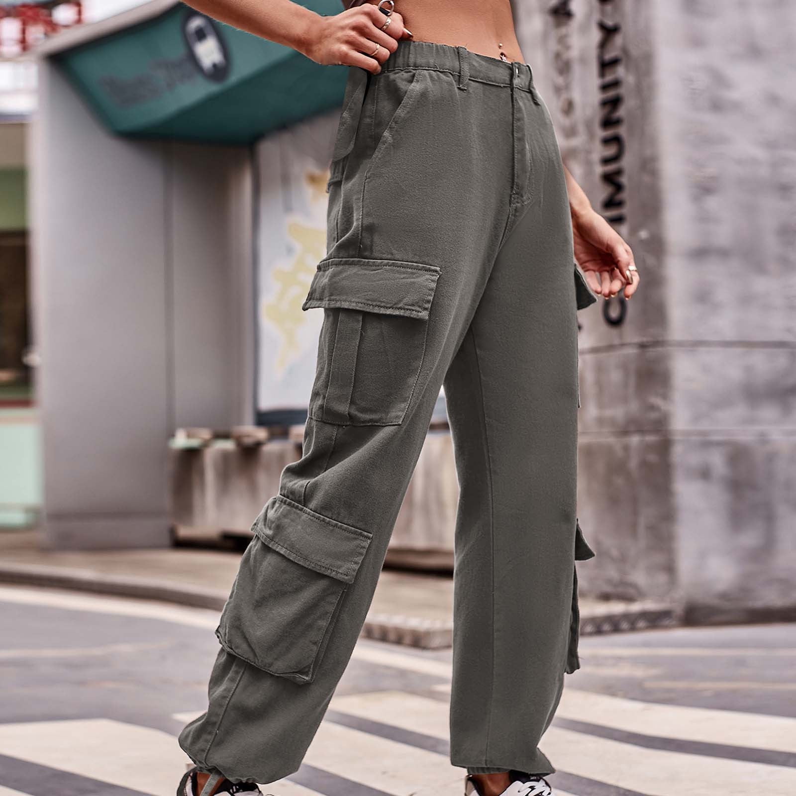 Cargo Pants for Women Y2K Buckle Waist Tie Bottoms Sweatpants Solid Color  Loose Straight Trousers with Multi-Pockets