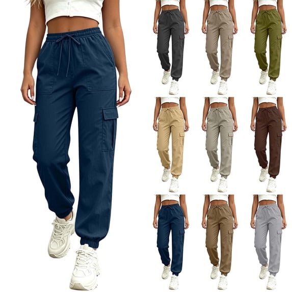 Cargo Pants for Women with Multi Pockets,High Waist Drawstring Waist Elastic Cuffs,Solid Color Casual Joggers for Everyday