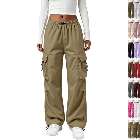 Cargo Parachute Pants Women - Quick Dry Waterproof Wide Leg Drawstring Elastic Waist Trousers Atheletic Joggers 2026 Khaki XL