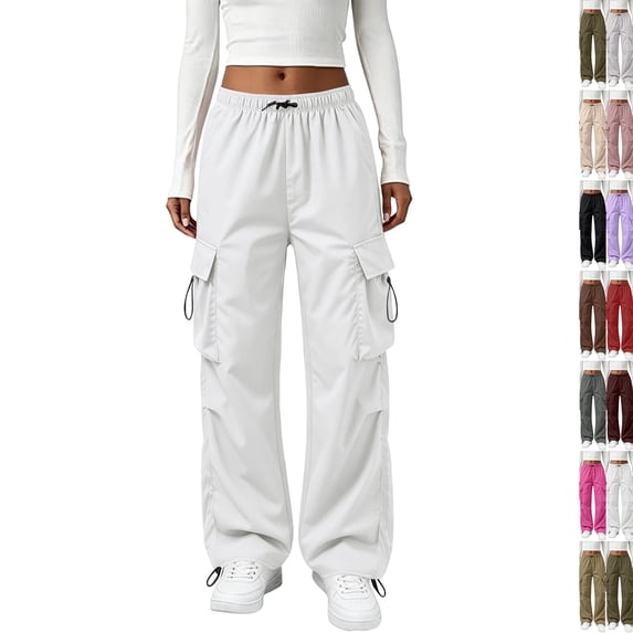 Cargo Parachute Pants Women - Quick Dry Waterproof Wide Leg Drawstring Elastic Waist Trousers Atheletic Joggers 2026 White XXL