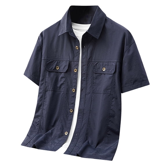 Cargo Shirt for Men Short Sleeve Multi-Pocket Summer, Casual Button Down Shirt Tops, Dark Blue