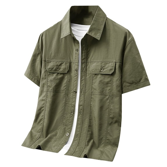 Cargo Shirt for Men Short Sleeve Multi-Pocket Summer, Casual Button Down Shirt Tops, Green