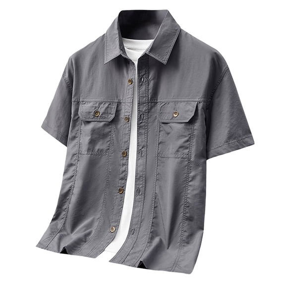 Cargo Shirt for Men Short Sleeve Multi-Pocket Summer, Casual Button Down Shirt Tops, Grey