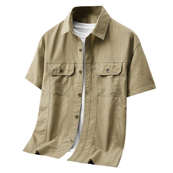 Cargo Shirt for Men Short Sleeve Multi-Pocket Summer, Casual Button Down Shirt Tops, Khaki