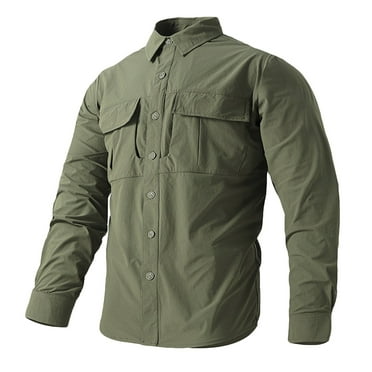 Cargo Shirts for Men with Pockets Button Down Collar Long Sleeve T Shirt Casual Solid Color Comfort Quick-Drying Lapel Outdoor Athletic Tops Clearance