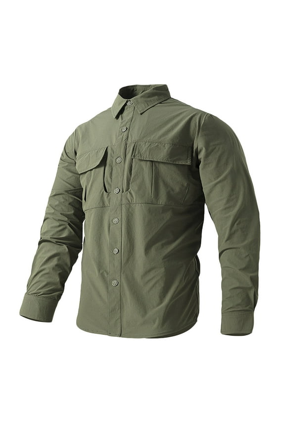 Cargo Shirts for Men with Pockets Button Down Collar Long Sleeve T Shirt Casual Solid Color Comfort Quick-Drying Lapel Outdoor Athletic Tops