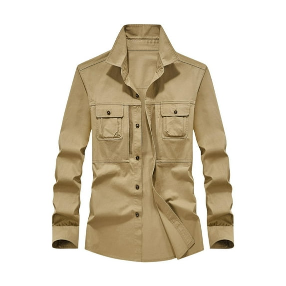 Cargo Shirts for Men with Pockets Cotton Blend Long Sleeve Shackets T-Shirts Button-Down Collared Solid Color Slim-Fit Hiking Fishing Shirt Tops