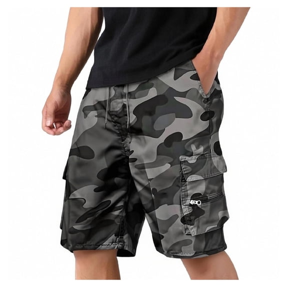 Cargo Short for Men with Multi-Pocket Elastic Waistband Shorts Drawstring Ripstop Straight Leg Camo Cargo Pants Summer Work Hiking Casual Outdoor Athletic Joggers,Gray L